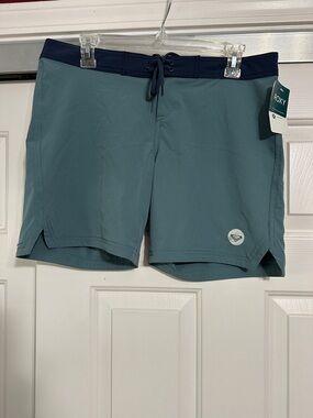 Roxy Teal Swim Shorts with Navy Waistband